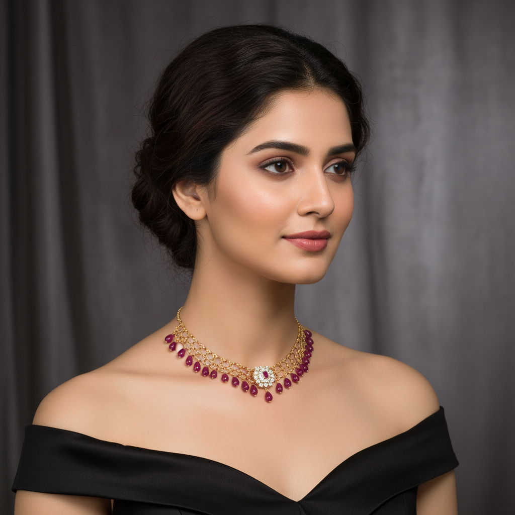 Elegant Model Wearing Ruby Necklace