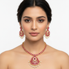 Elegant Model Wearing Ruby Pink Stone Gold Necklace Set