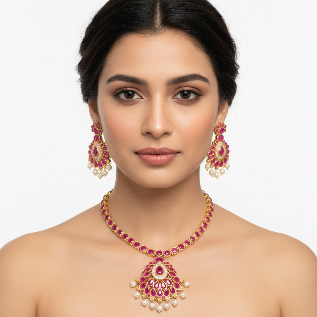 Elegant Model Wearing Ruby Pink Stone Gold Necklace Set