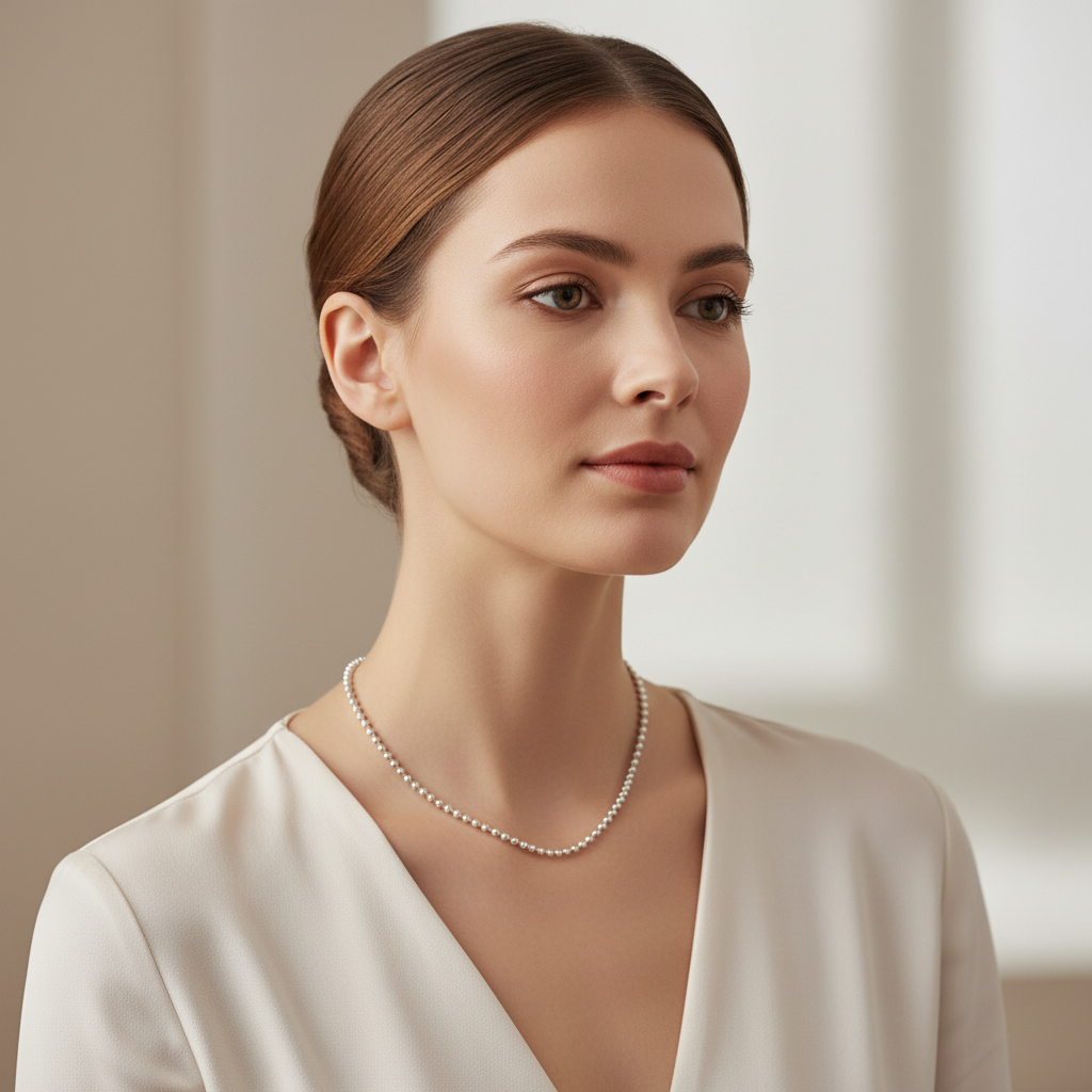 Elegant model wearing silver chain necklace