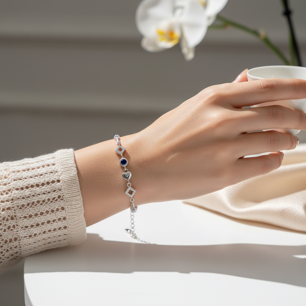 Elegant Model Wearing Sterling Silver Bracelet