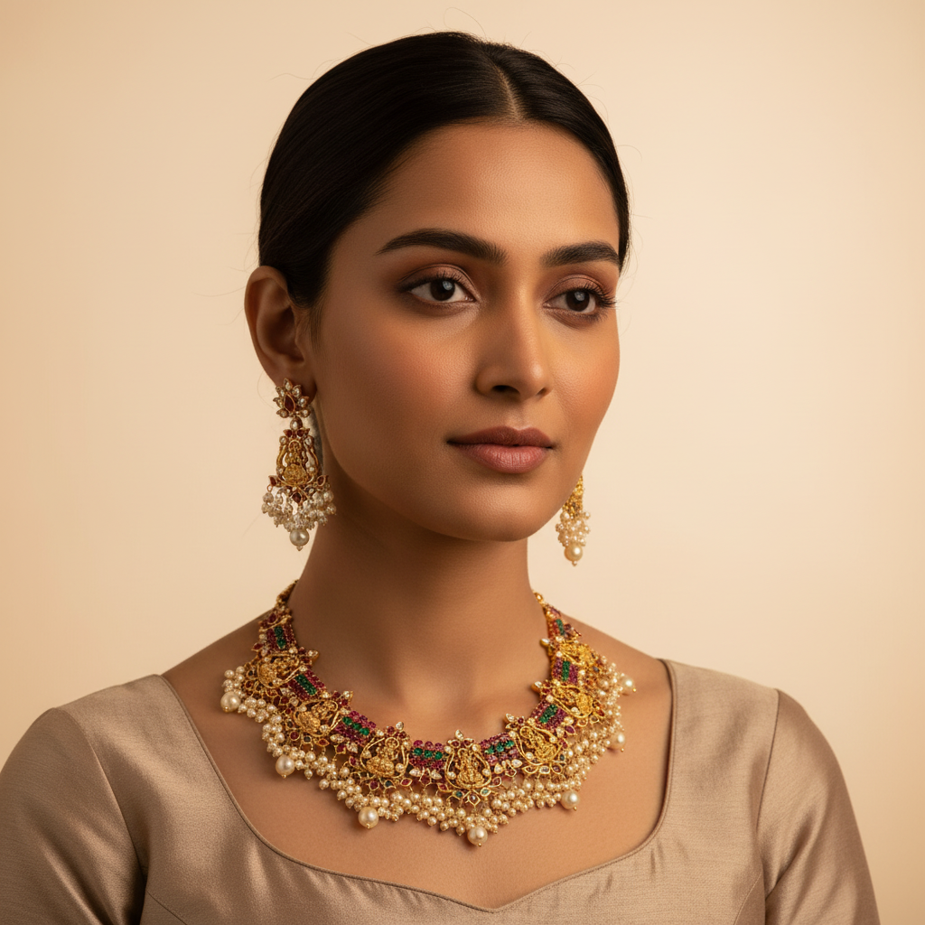Elegant Model Wearing Temple Necklace Set