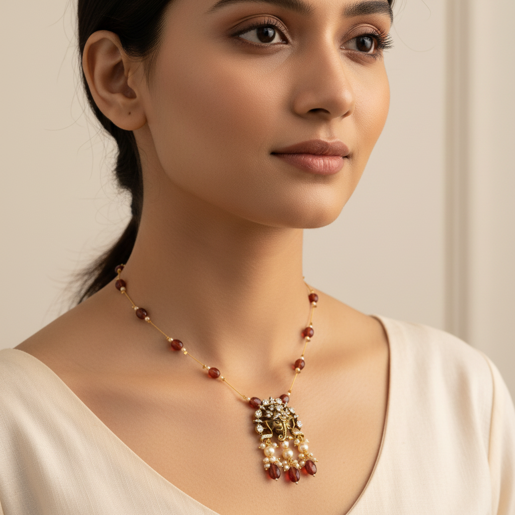 Elegant Model Wearing Temple Necklace