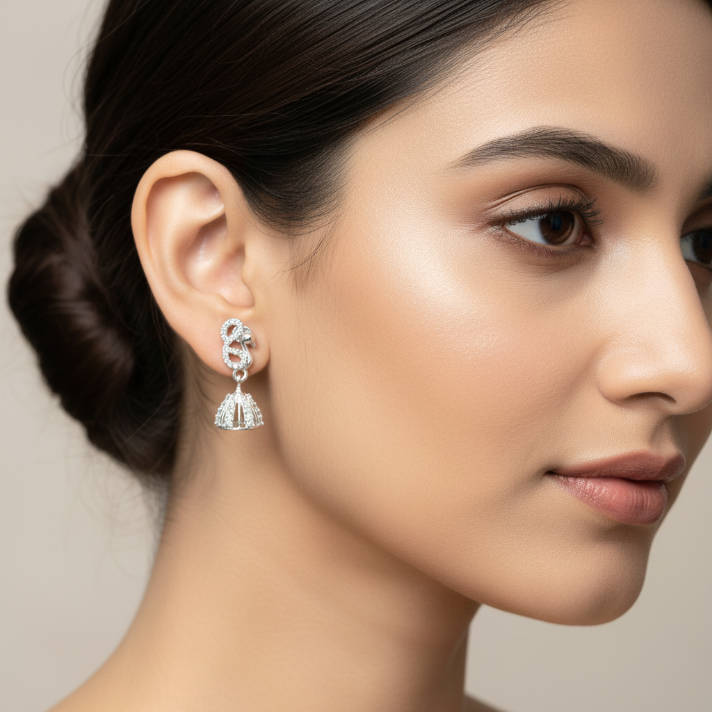 Elegant Model with Small Delicate Peacock Jhumka Earrings