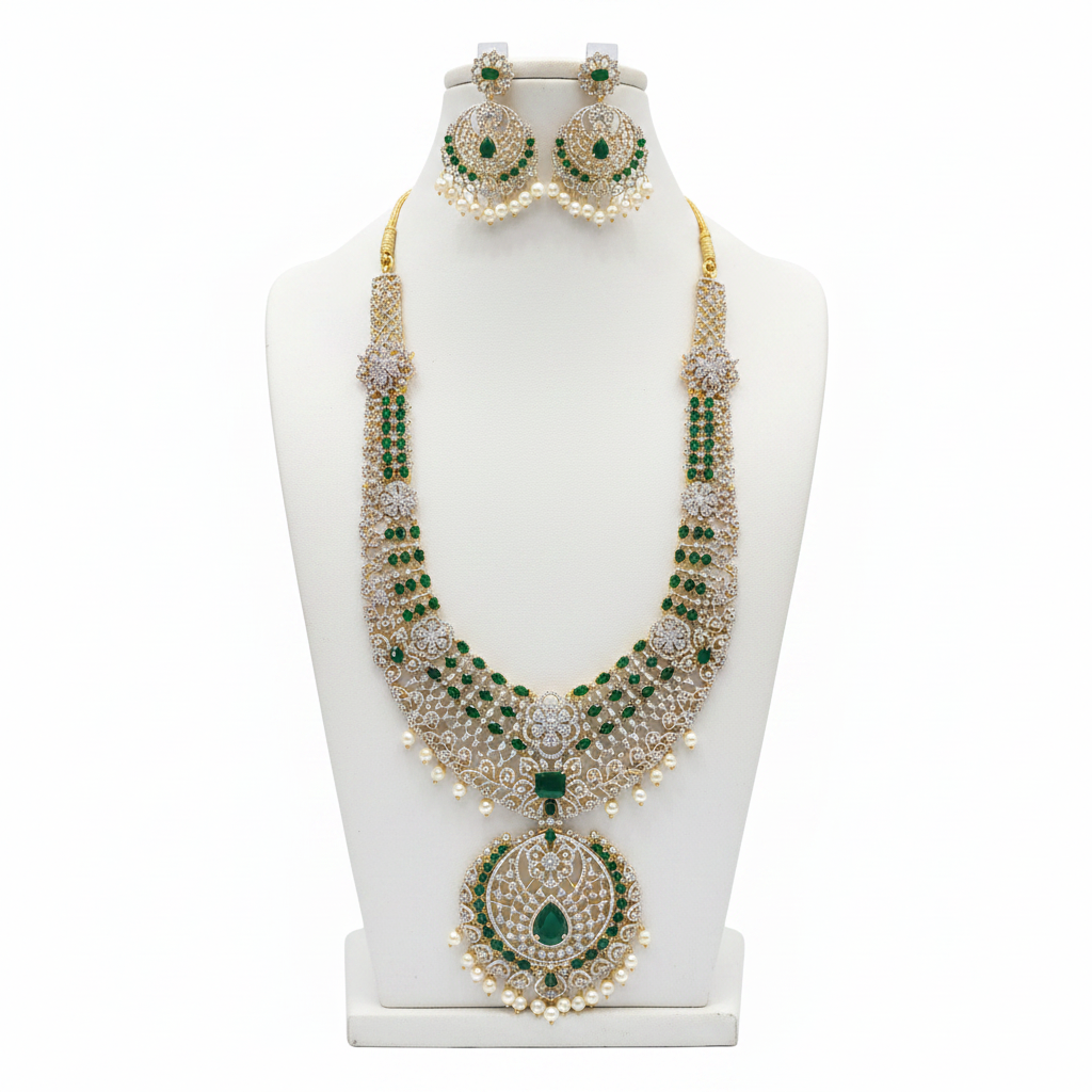 Emerald CZ Bridal Necklace Set – White Background