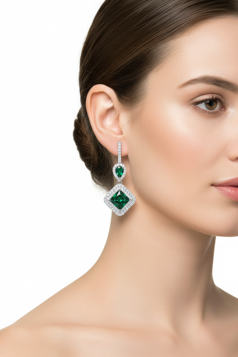 Emerald Drop Earrings – Model Wear
