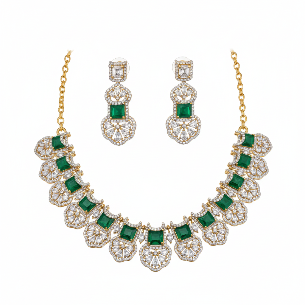 Emerald Green CZ Necklace Set White Background