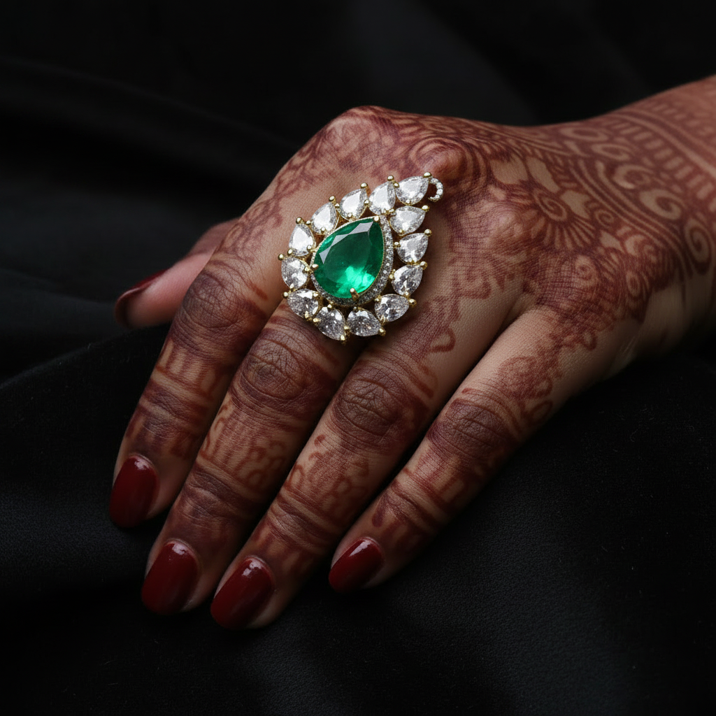 Emerald green CZ ring on mehndi hand