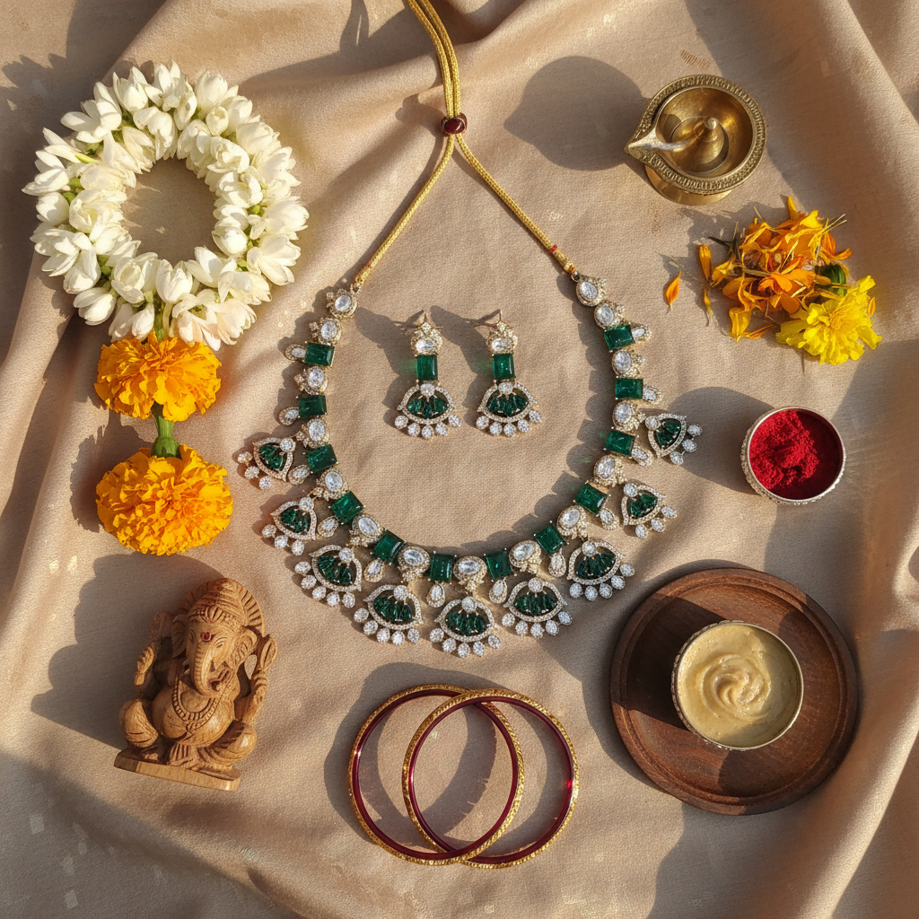 Emerald green gemstone jewelry flat lay with cultural elements