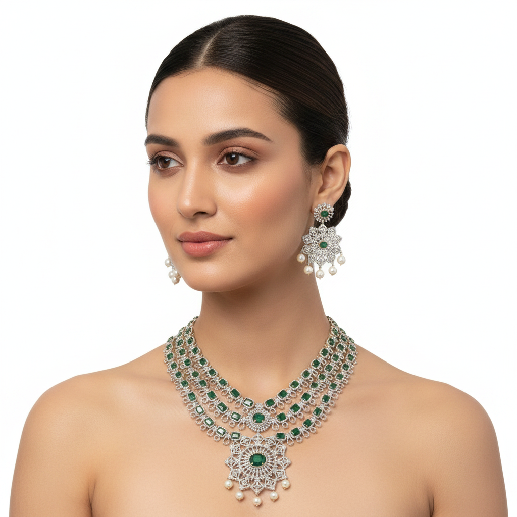 Emerald Green Necklace Set on Elegant Model
