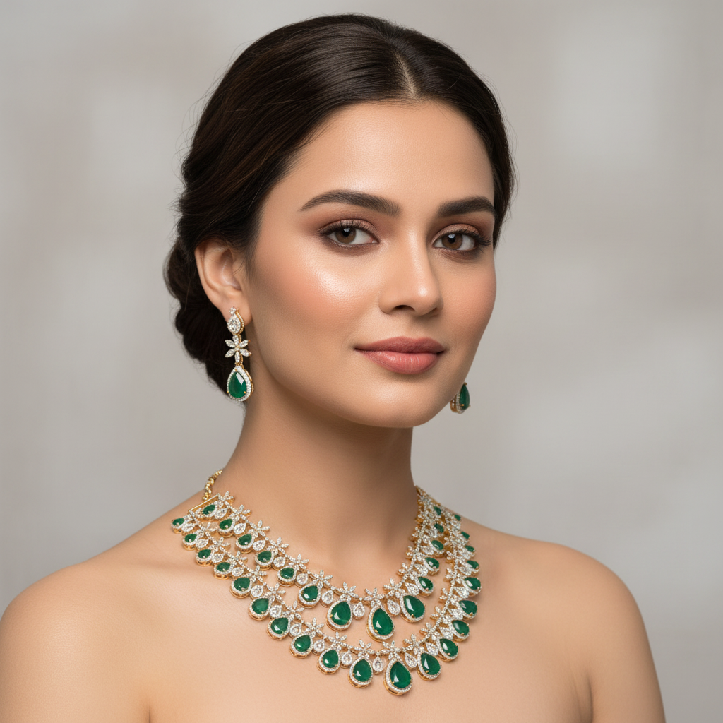 Emerald Necklace Set – Model Wearing