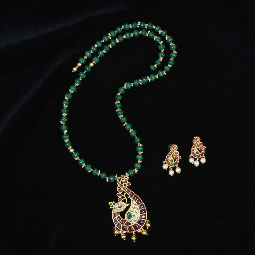 Emerald Peacock Necklace Set - Flat Lay