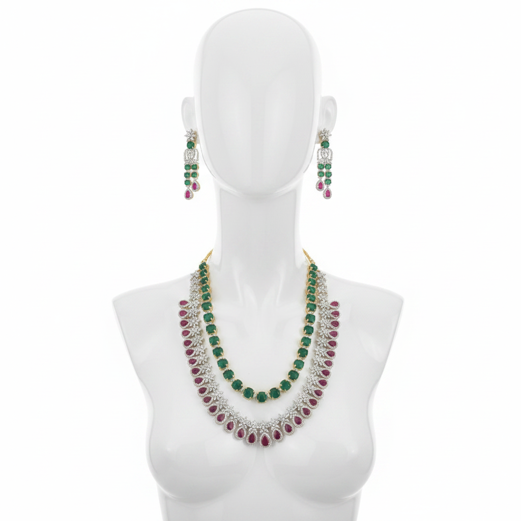 Emerald Ruby Necklace Set on Mannequin