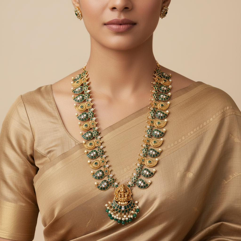 Emerald Temple Necklace Long on Model