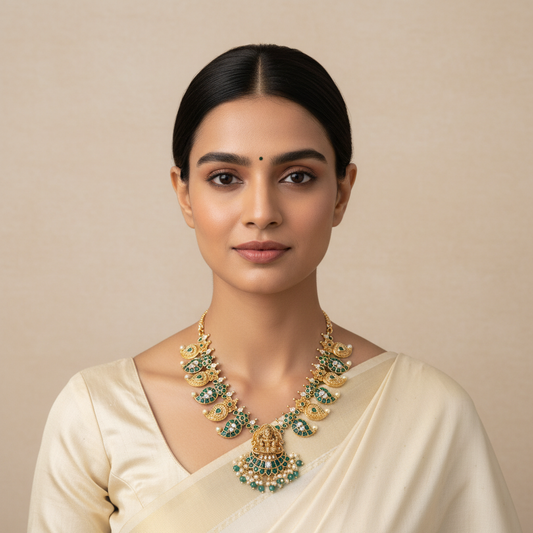 Emerald Temple Necklace Short on Model