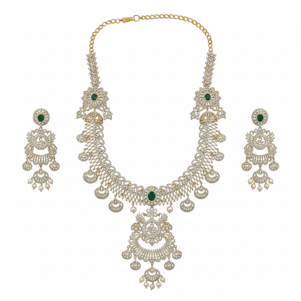 CZ Diamond Long Necklace Set - Emerald - White Background 2