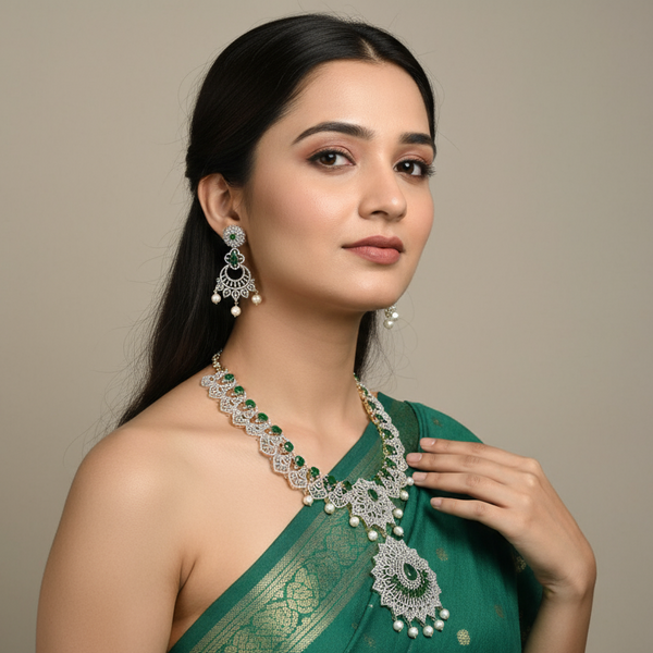 Gorgeous American Diamonds Mayuri Haar - Peacock Long Necklace Set