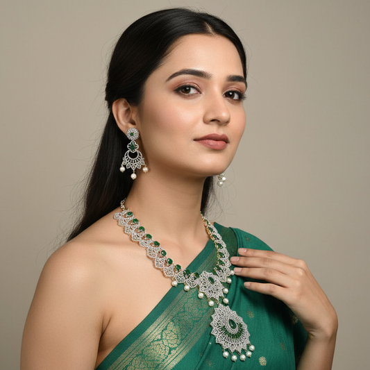 Gorgeous American Diamonds Mayuri Haar - Peacock Long Necklace Set