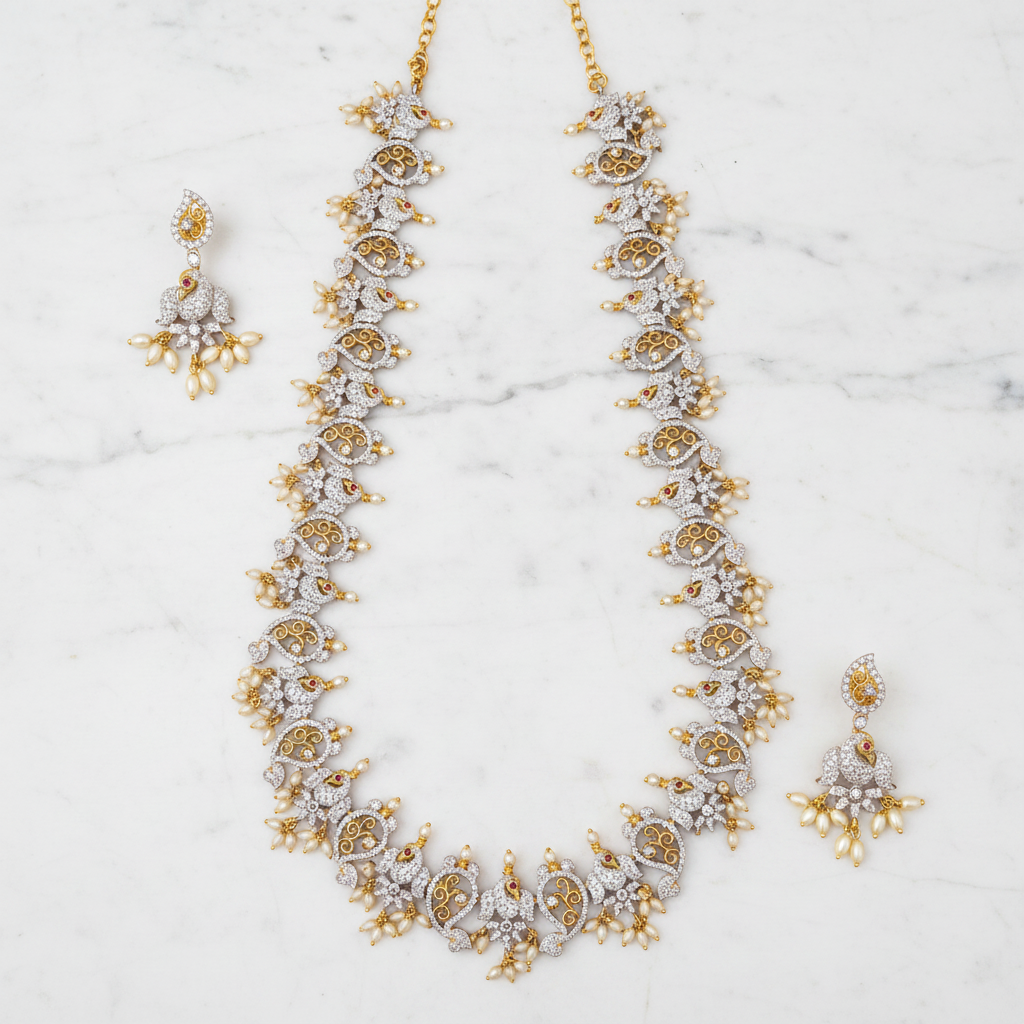 Flat Lay - American Diamond Floral Vine Necklace Set