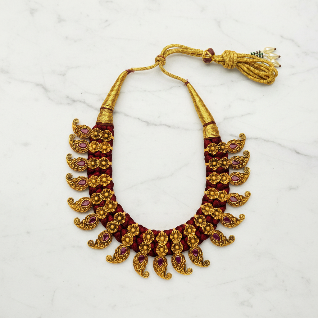 Flat lay antique gold ruby temple necklace