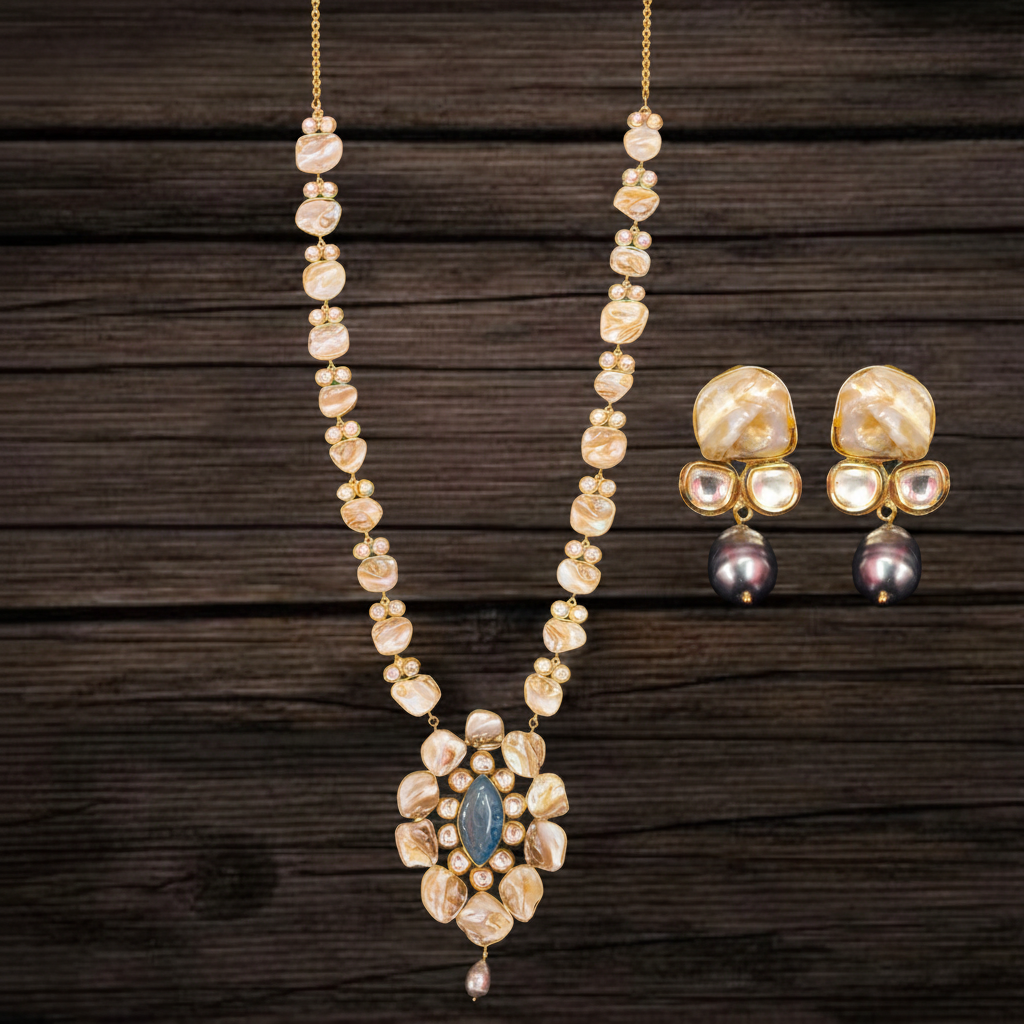 Flat lay baroque pearl Kundan necklace and earring set