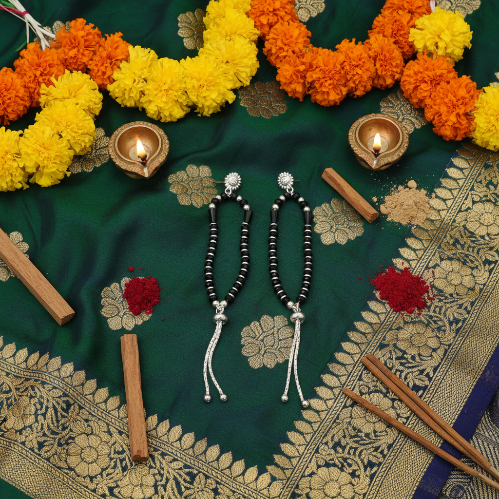 Flat Lay Cultural Context - Black Crystal Silver Earrings