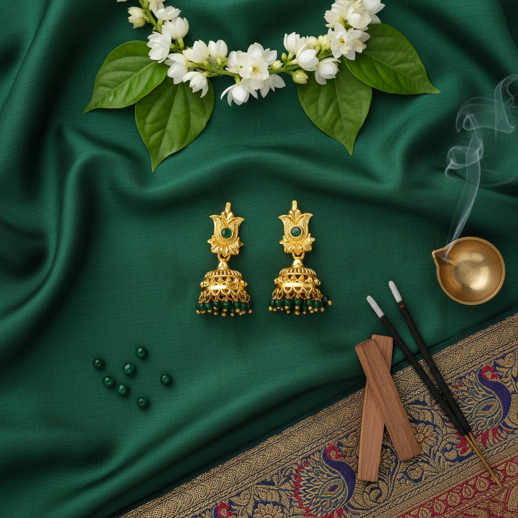 Flat Lay Cultural Context – Emerald Temple Jhumka Earrings