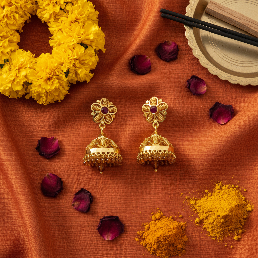 Flat Lay - Cultural Context Flower Jhumka Earrings