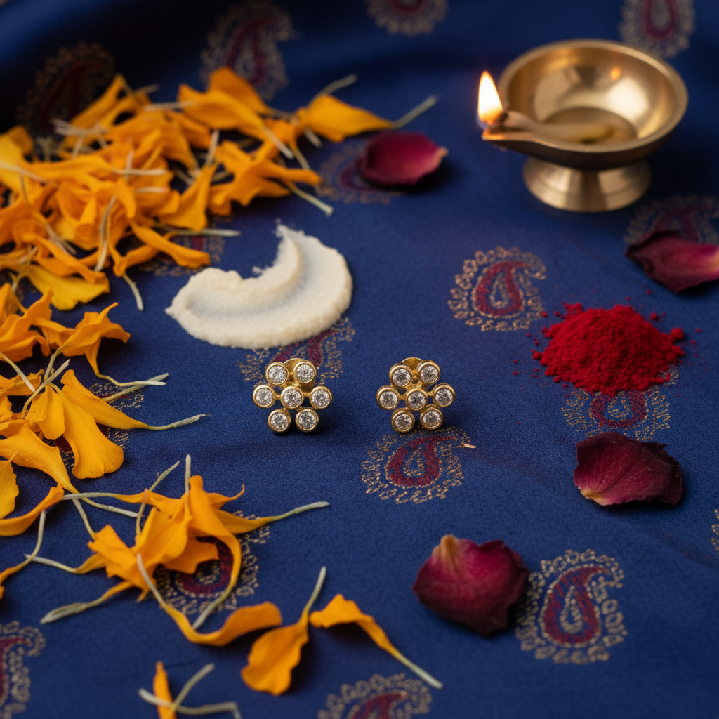 Flat Lay Cultural Context – Gold Diamond Cluster Studs