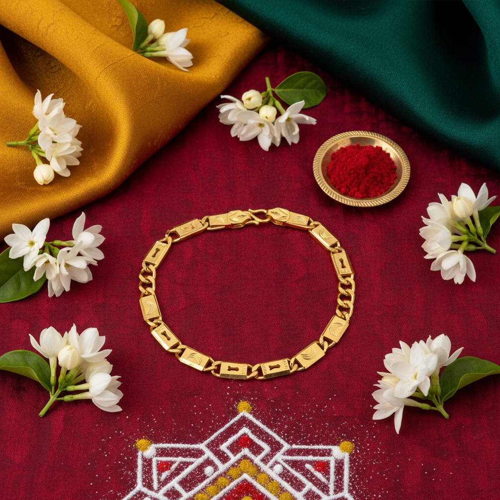 Flat lay cultural context image of gold chain bracelet