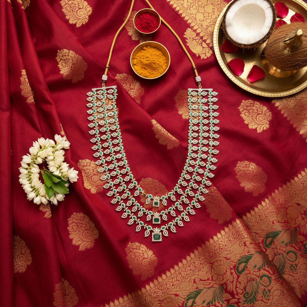 Flat lay cultural context image of Layered Bridal American Diamond Emerald Haram necklace