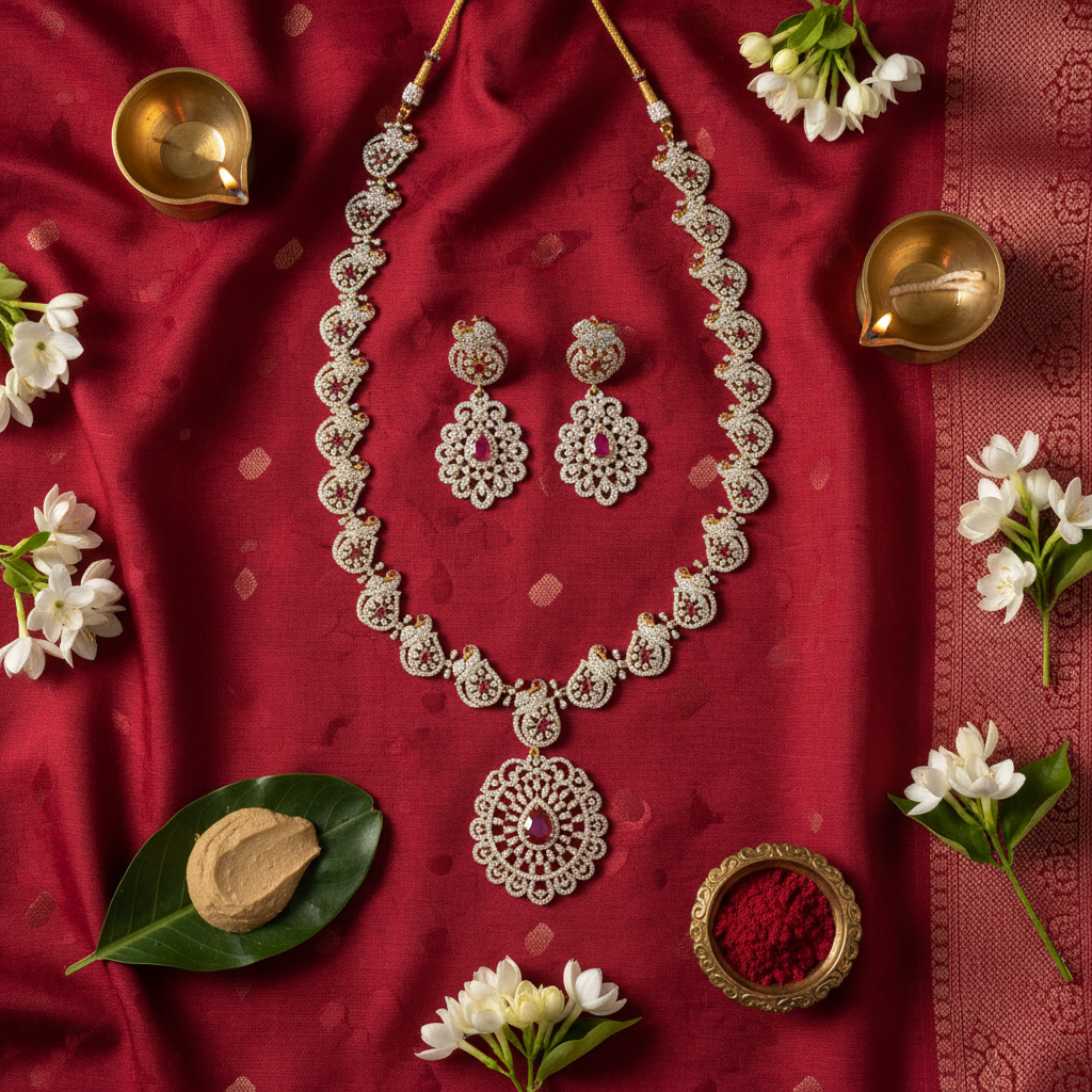 Flat lay cultural context image of peacock American diamond necklace