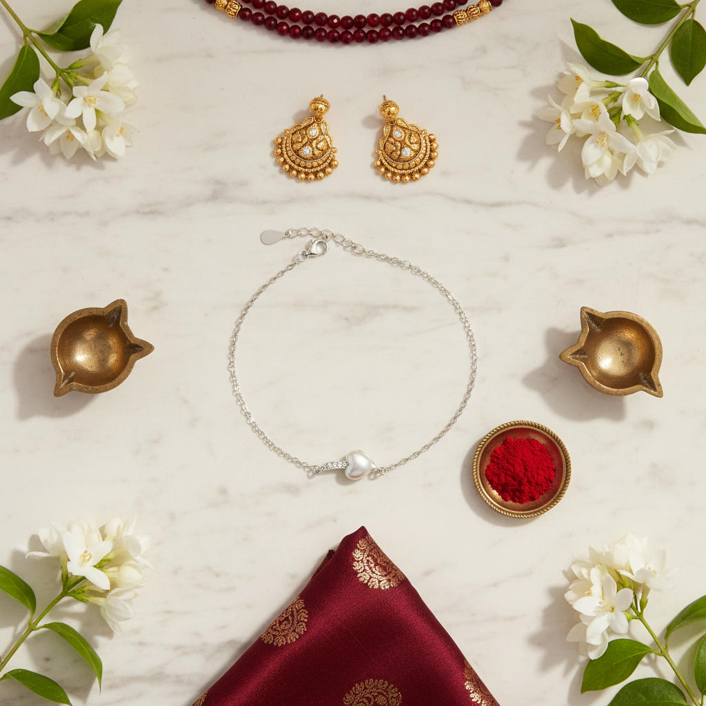 Flat lay cultural context image of sterling silver bracelet