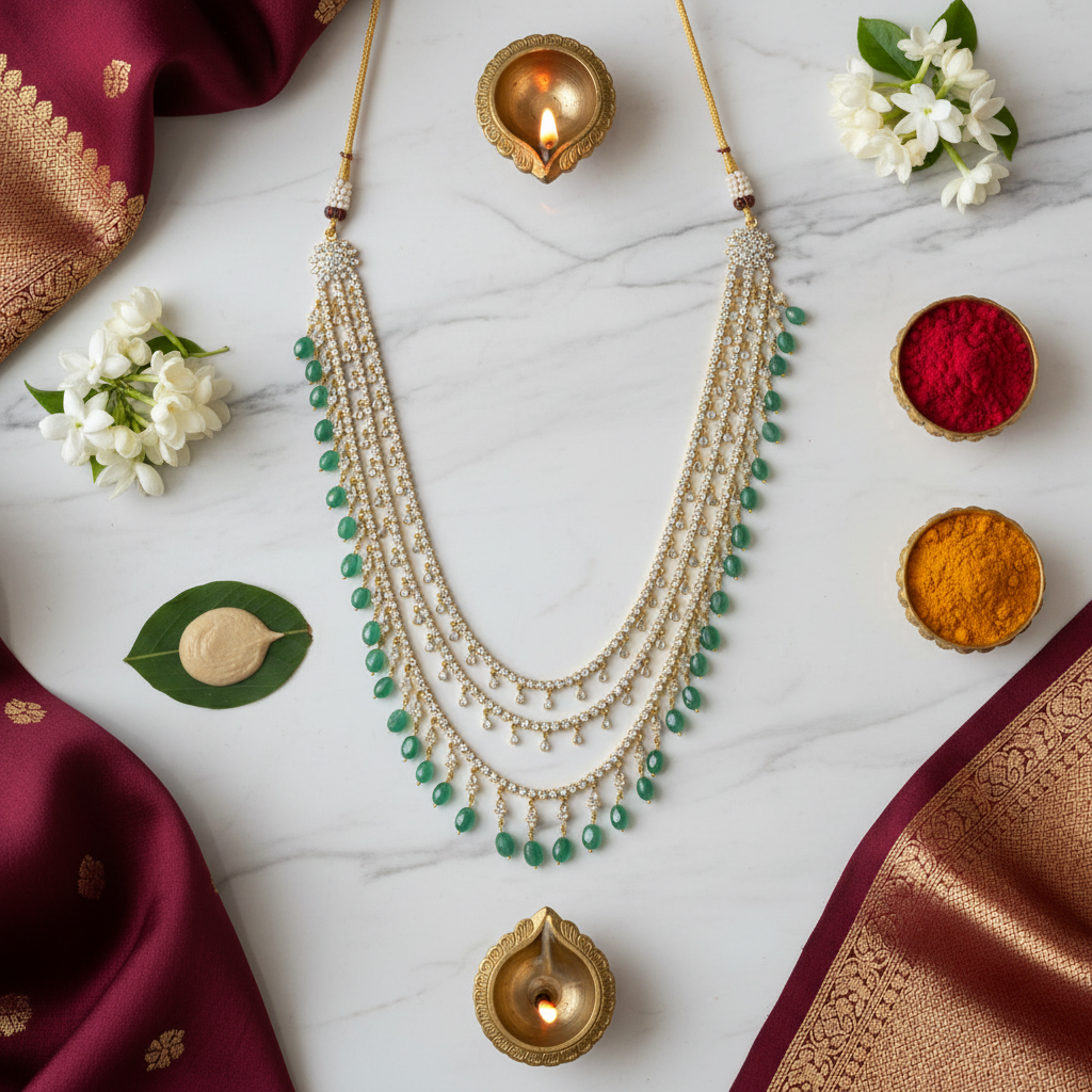 Flat lay cultural context image of three-layered gold necklace