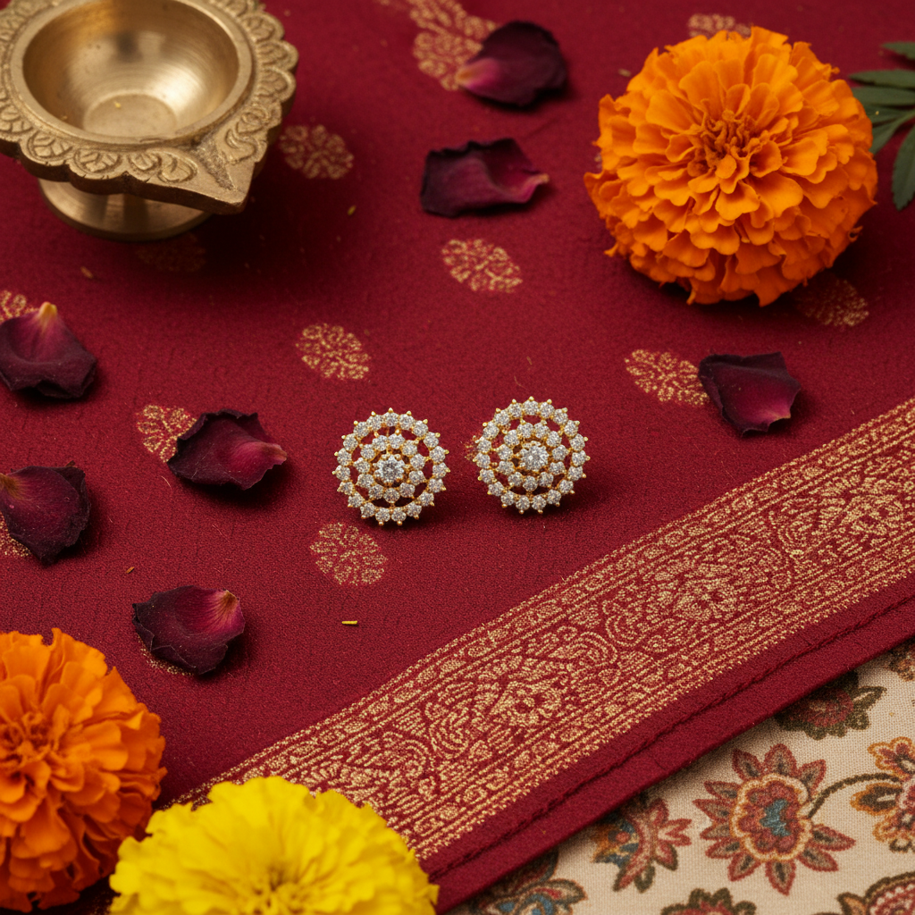 Flat Lay Cultural Context - Ruby Diamond Flower Stud Earrings
