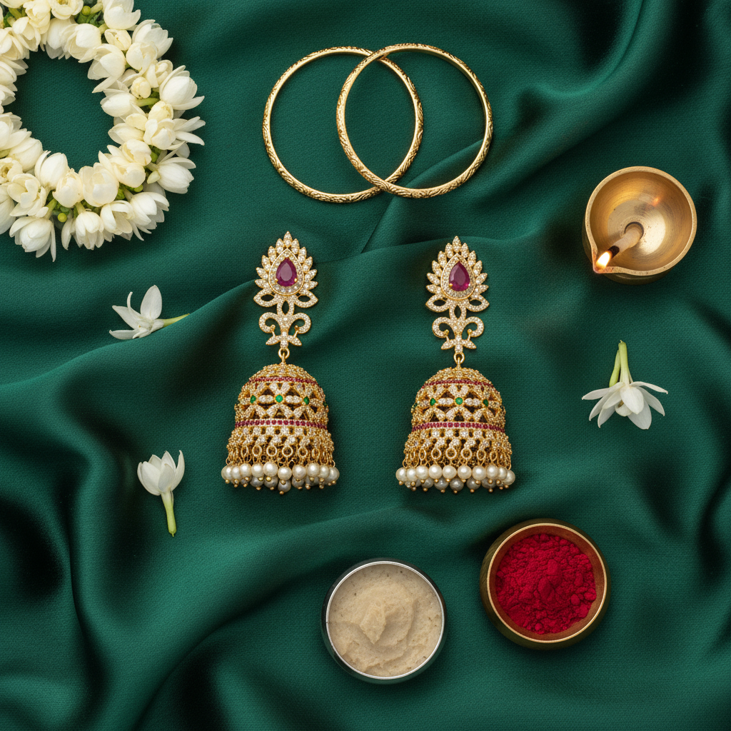 Flat Lay Cultural Context - Temple Jhumka Earrings