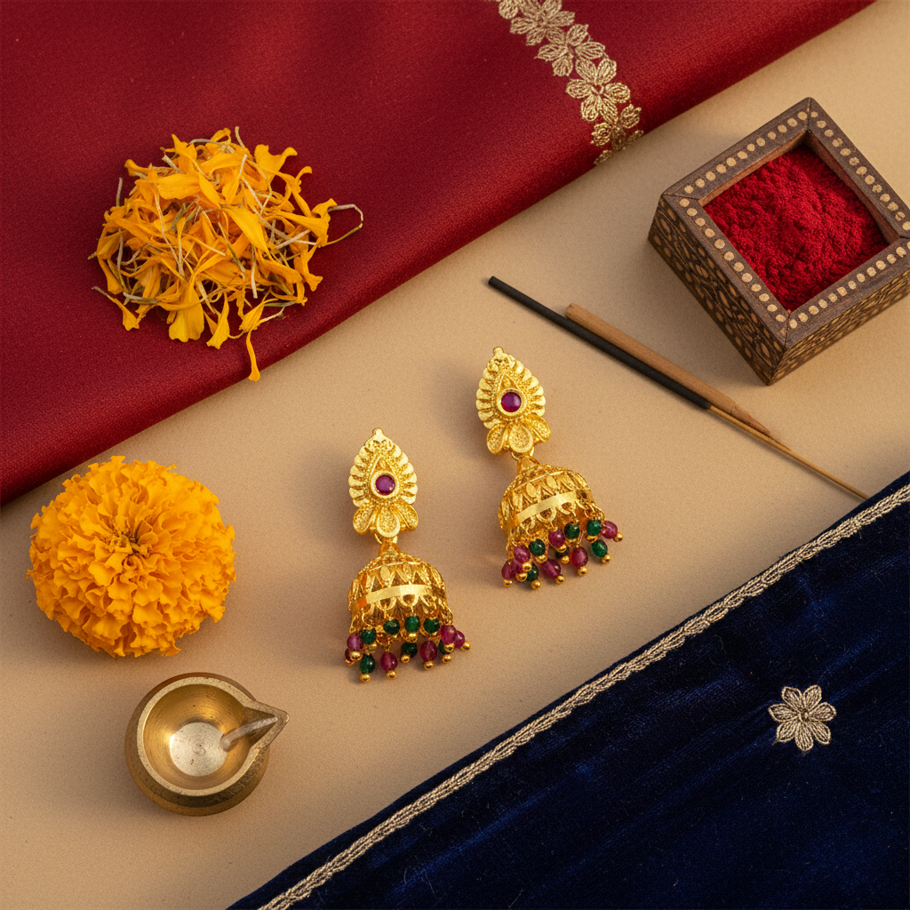 Flat Lay Cultural Context - Temple Jhumka Earrings