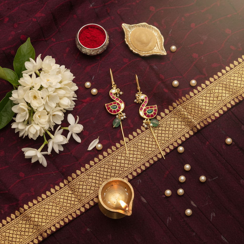Flat Lay Cultural Context Temple Threader Earrings