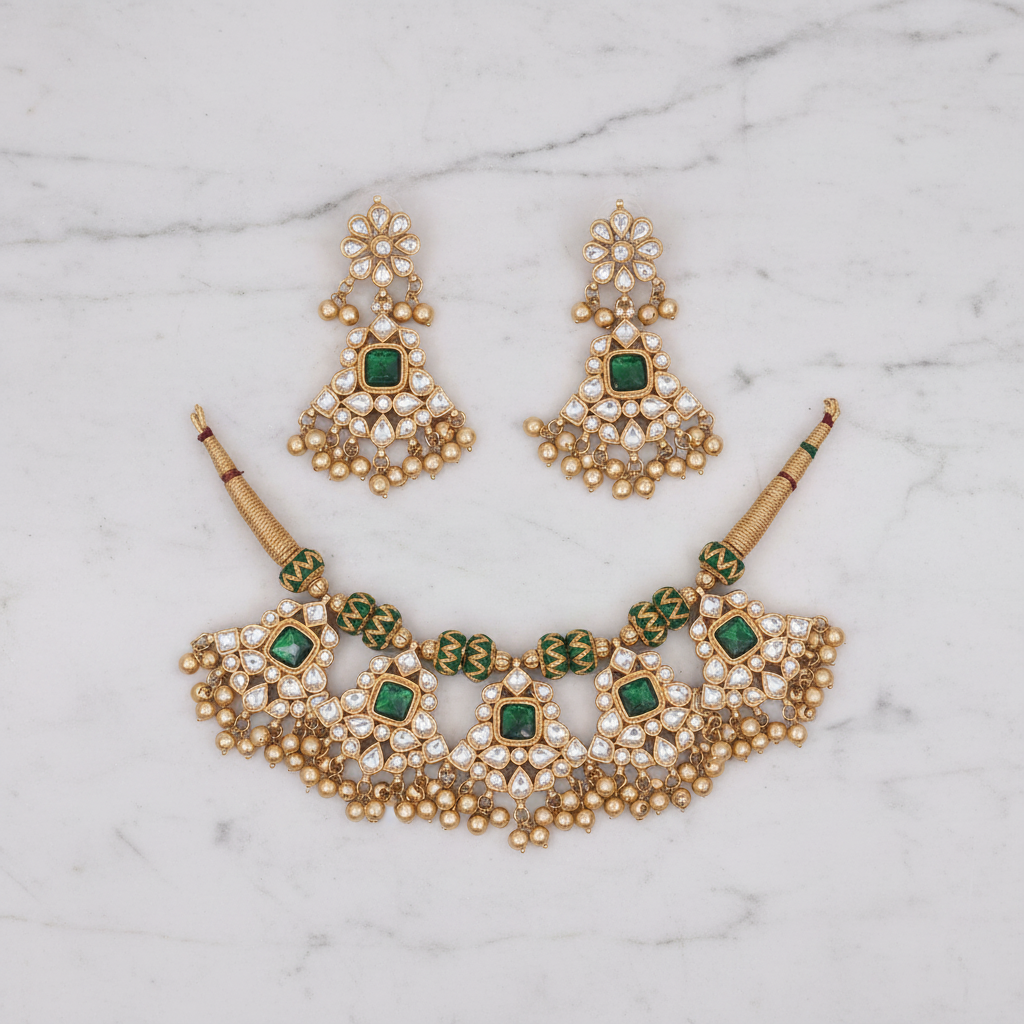 Flat lay gold Kundan emerald choker necklace set