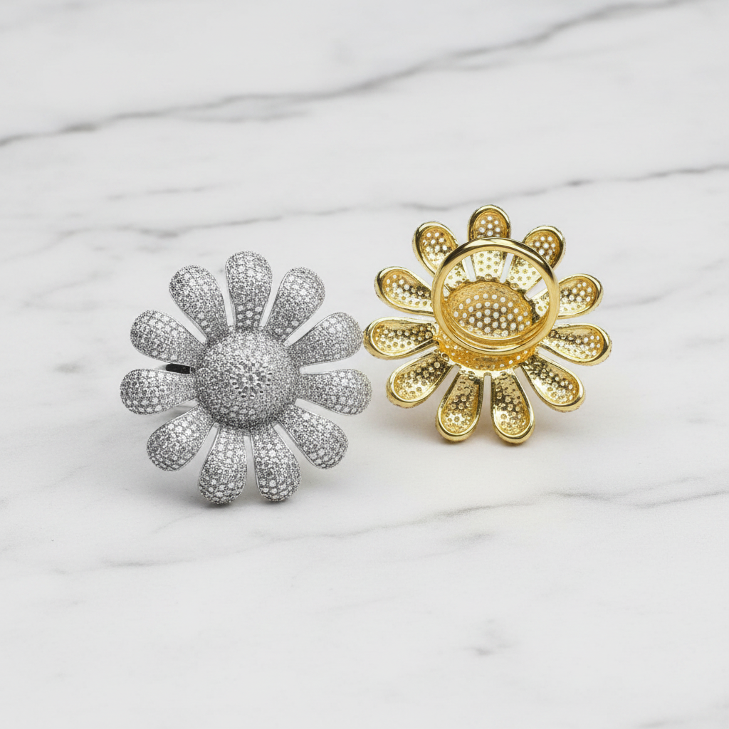 Flat lay of daisy CZ sunflower cocktail ring