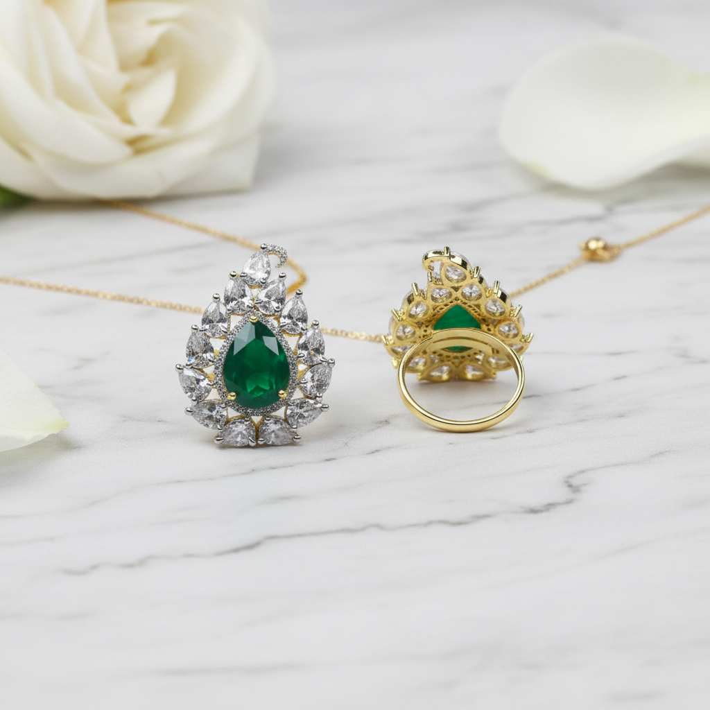 Flat lay of emerald CZ cocktail ring