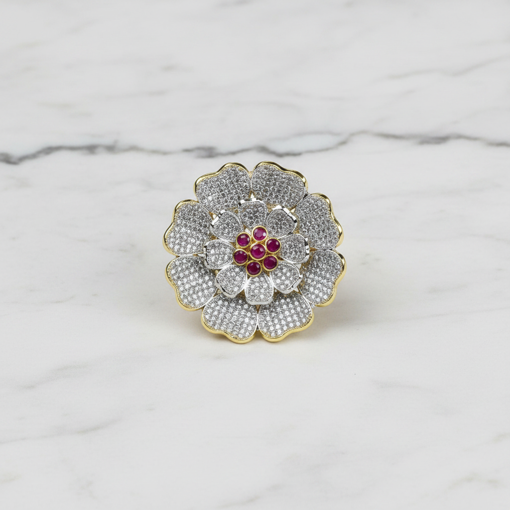 Flat lay of full-bloom CZ flower cocktail ring