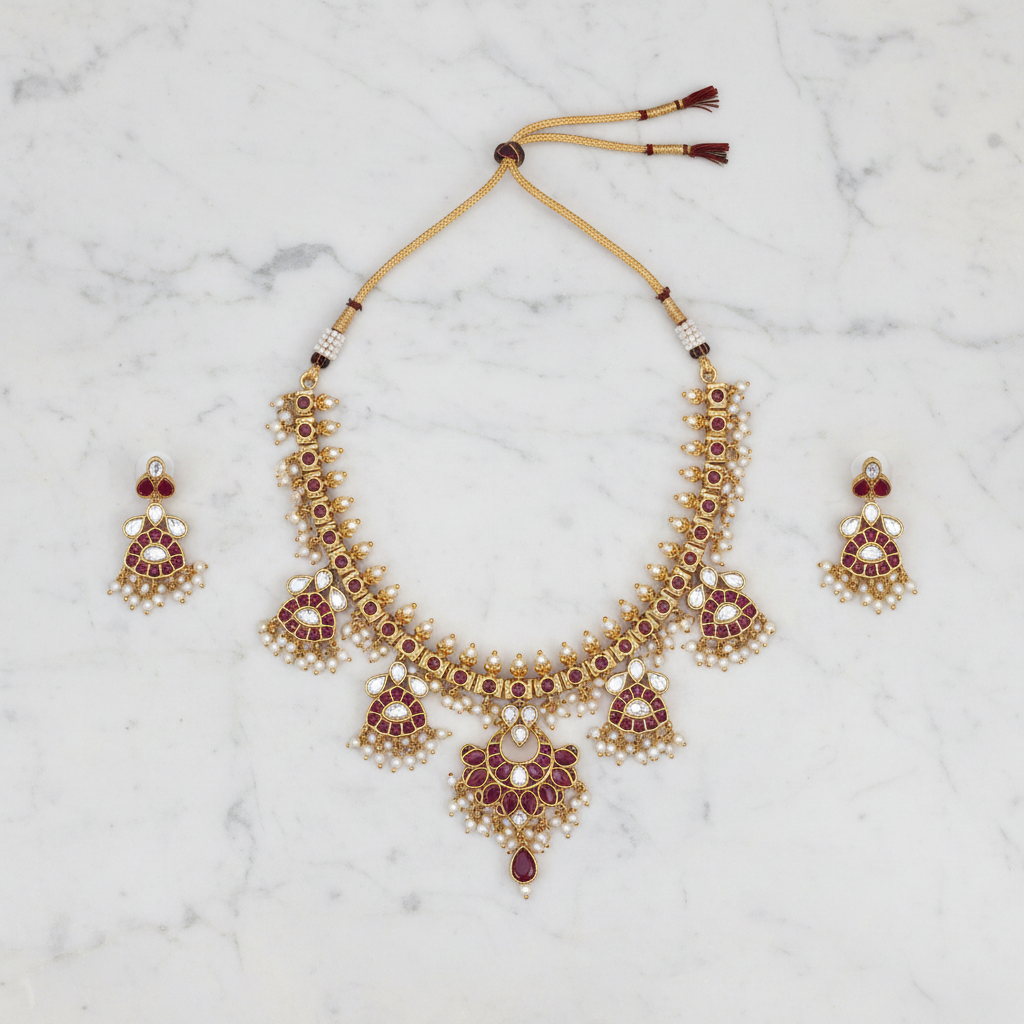 Flat lay of gold ruby kundan necklace set