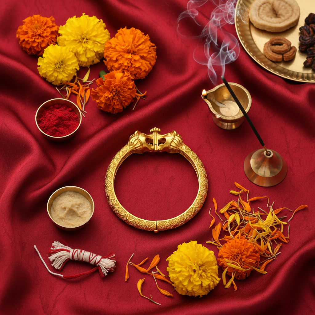 Flat lay of gold temple kada with cultural elements