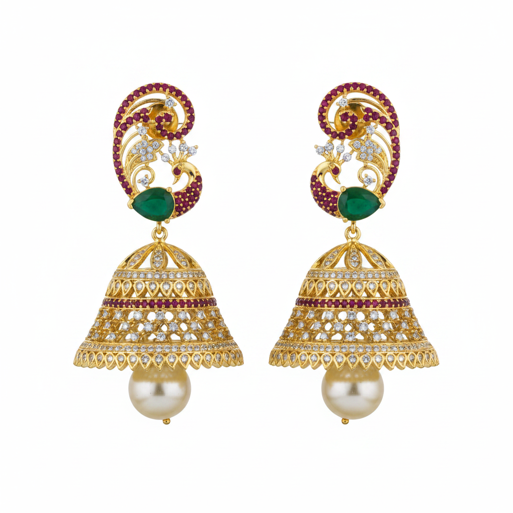 Flat lay of peacock jhumka earrings