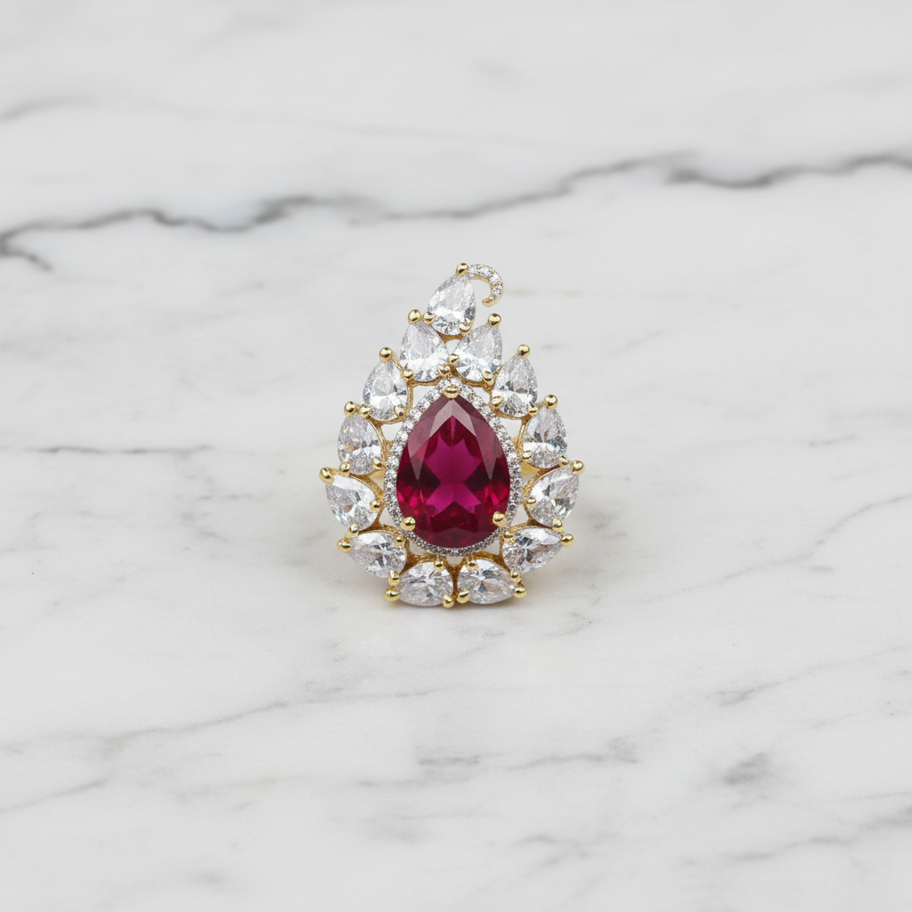 Flat lay of ruby CZ cocktail ring