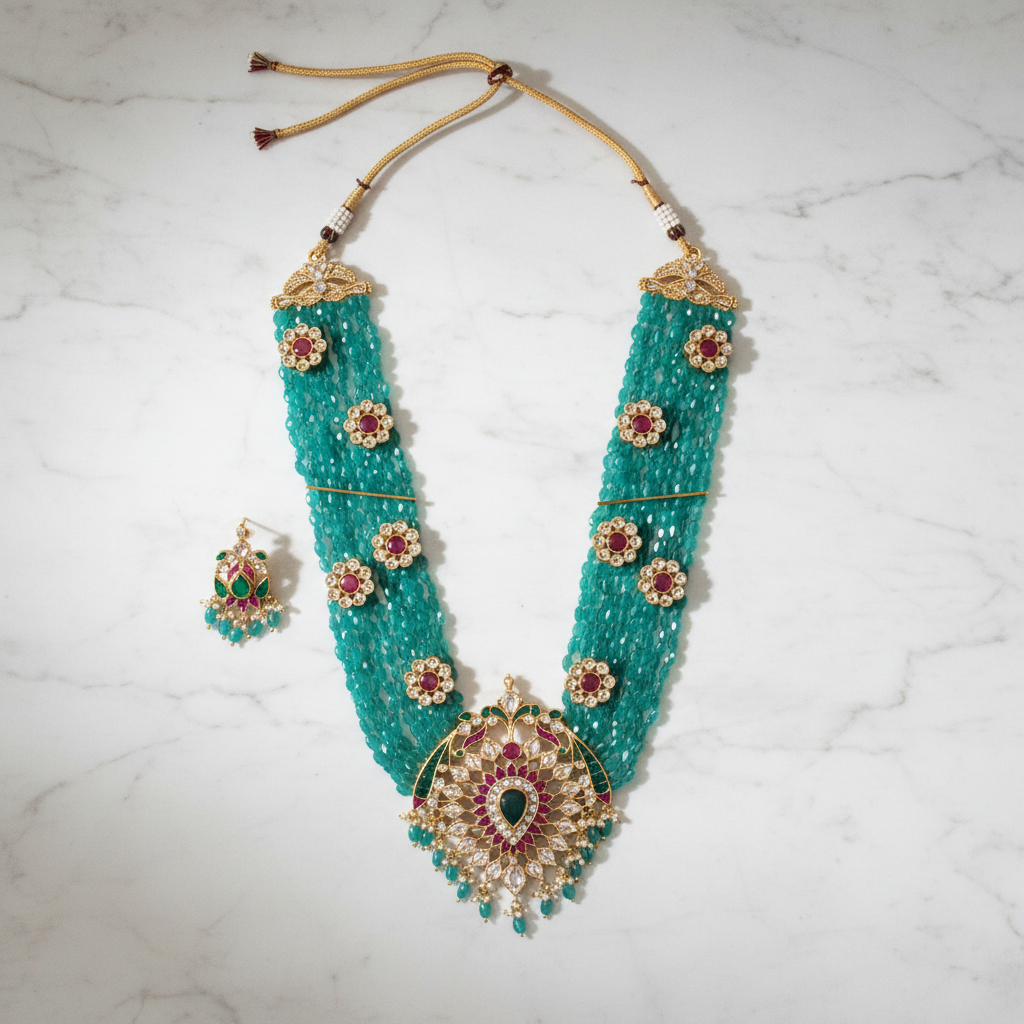 Flat lay of teal green kundan haram necklace set