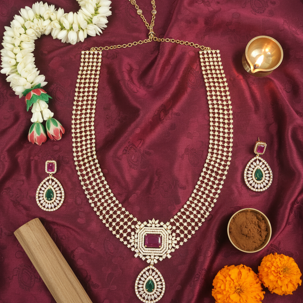 Flat lay temple jewelry with cultural styling