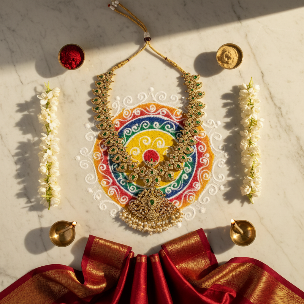 Flat lay with South Indian cultural elements
