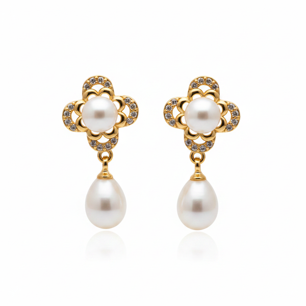 Flower Pearl Drop Earrings - White BG